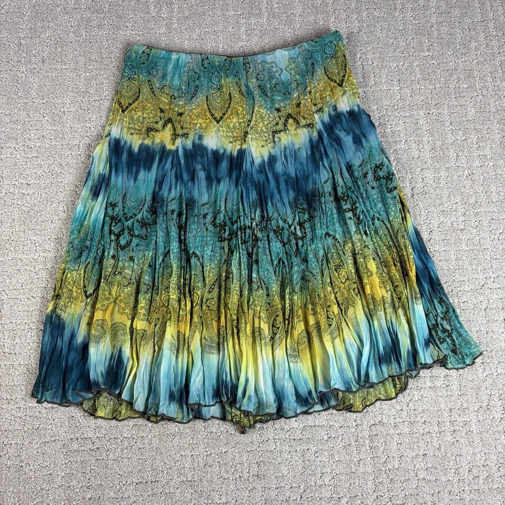 VTG Tracy Evans Paisley Skirt Womens Teal Yellow Tie Dye Y2K Boho Pleated Midi 1